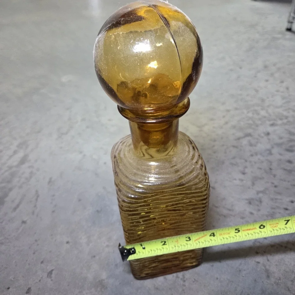 Vintage Amber Glass Decanter with Ball‎ Stopper Ribbed Square Bottle